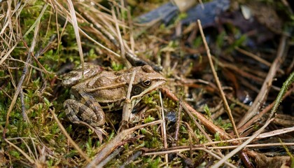 Obraz premium 작은 연못가의 말라버린 이끼 사이에서 마지막으로 남은 개구리 한 마리