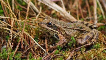 Fototapeta premium 작은 연못가의 말라버린 이끼 사이에서 마지막으로 남은 개구리 한 마리
