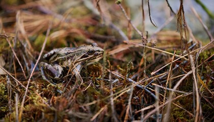 작은 연못가의 말라버린 이끼 사이에서 마지막으로 남은 개구리 한 마리