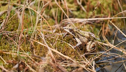 작은 연못가의 말라버린 이끼 사이에서 마지막으로 남은 개구리 한 마리