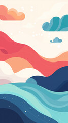 Tranquil Flat Vector Illustration of a Peaceful Lake with Curved Water Lines and Simple Geometric Mountains Under Abstract Clouds for Artwork and Home Decor