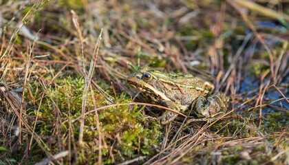 작은 연못가의 말라버린 이끼 사이에서 마지막으로 남은 개구리 한 마리
