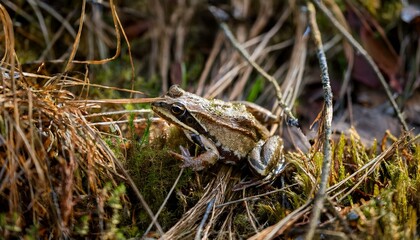 Naklejka premium 작은 연못가의 말라버린 이끼 사이에서 마지막으로 남은 개구리 한 마리