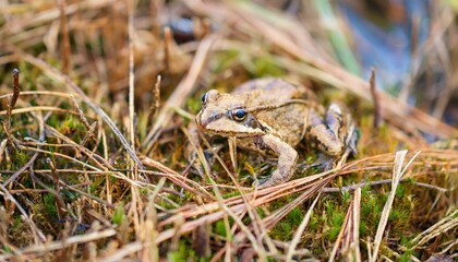Fototapeta premium 작은 연못가의 말라버린 이끼 사이에서 마지막으로 남은 개구리 한 마리