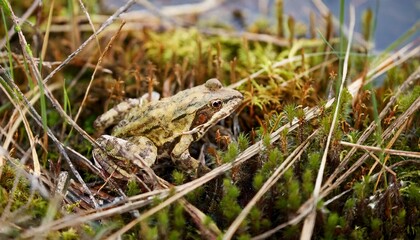 작은 연못가의 말라버린 이끼 사이에서 마지막으로 남은 개구리 한 마리