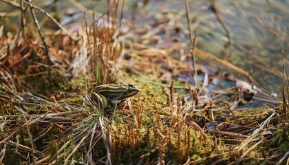 작은 연못가의 말라버린 이끼 사이에서 마지막으로 남은 개구리 한 마리