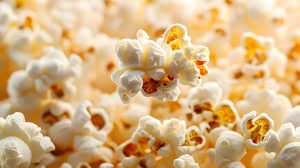 Close-up of fluffy popcorn kernels, showcasing their texture and color.