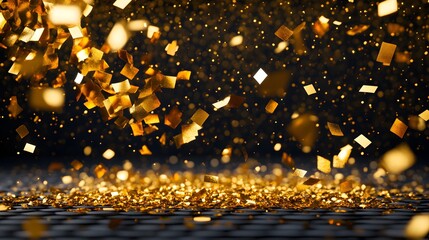 A vibrant display of golden confetti falling against a dark background, creating a festive atmosphere.