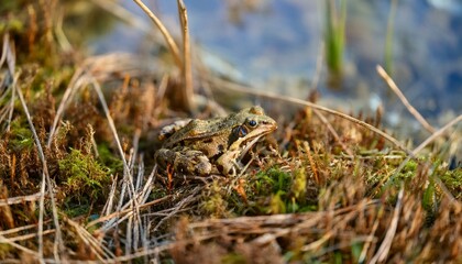 Obraz premium 작은 연못가의 말라버린 이끼 사이에서 마지막으로 남은 개구리 한 마리