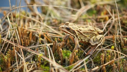 작은 연못가의 말라버린 이끼 사이에서 마지막으로 남은 개구리 한 마리