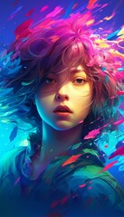 Stunning and colorful artwork featuring a dynamic anime girl character in an engaging pose