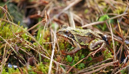 Fototapeta premium 작은 연못가의 말라버린 이끼 사이에서 마지막으로 남은 개구리 한 마리