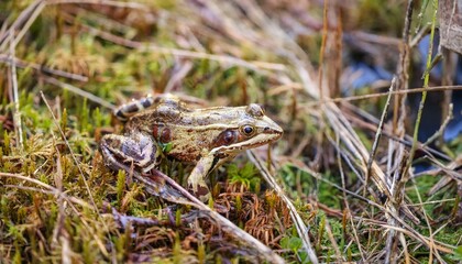 작은 연못가의 말라버린 이끼 사이에서 마지막으로 남은 개구리 한 마리