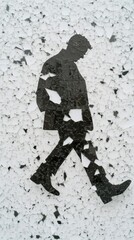 Naklejka premium Silhouette of a man walking on a textured, fragmented surface, AI