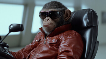 A chimpanzee in a red leather jacket and sunglasses sits confidently on a motorcycle, AI