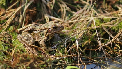 작은 연못가의 말라버린 이끼 사이에서 마지막으로 남은 개구리 한 마리