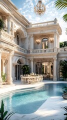Naklejka premium Luxurious mansion with a pool and outdoor dining area, surrounded by greenery.