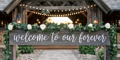 A beautiful wooden welcome sign for a wedding ceremony or reception, adorned with white roses and lush green ivy, elegantly displaying "Welcome to our forever" in white script.