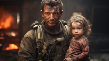 Fototapeta premium Heroic Firefighter Bravely Rescues Young Child From Dangerous Burning Building Fire