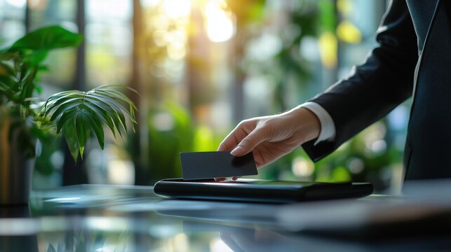 Hand holding a black card over a payment terminal in a sunny green environment. contactless payment - Powered by Adobe