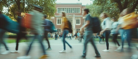Crowd of students walking through a college campus, motion blur