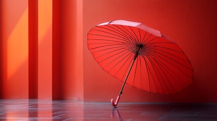 Red umbrella leaning against an orange wall.
