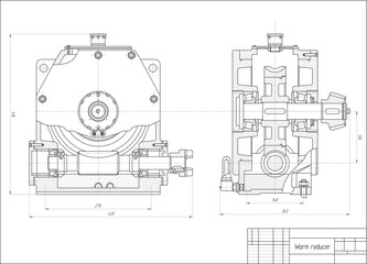 Assembly drawing of electrical reducer.
Vector design of steel mechanical device with shaft, worm gear, 
electric engine, bolt connection and dimension lines.
Engineering technic computer cad scheme.