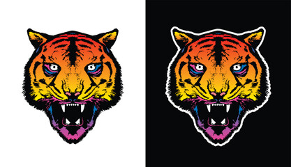 Evil tiger head. Original vector illustration in vintage style. T-shirt design.