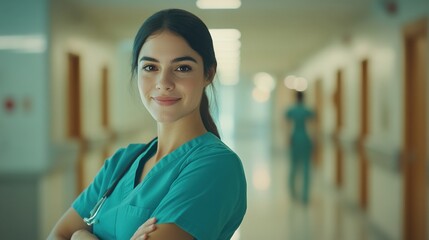 Fototapeta premium A close-up portrait of a confident female doctor wearing teal scrubs, standing in a brightly lit hospital corridor, with a gentle smile and crossed arms