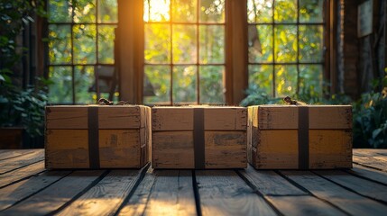Three rustic wooden crates on a wooden table in natural light