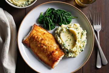 A Delicious Serving of Pan-Fried Tilapia with Herb-Infused Mashed Potatoes and Saut�ed Spinach