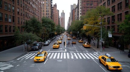 A bustling cityscape from above, highlighting a busy intersection filled with yellow taxis amidst...