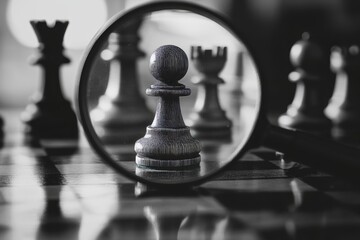 A focused pawn  highlighting strategy on a chessboard with a magnifying glass effect