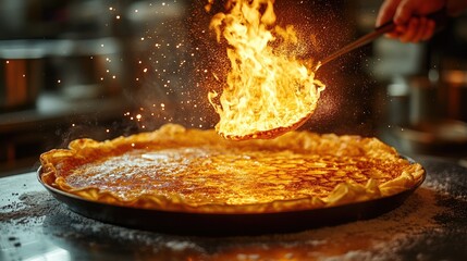 A flaming pizza being prepared in a kitchen, showcasing culinary excitement and artistry.