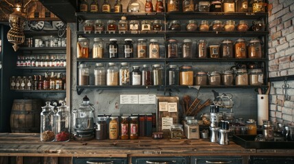 Rustic kitchen shelf with jars of spices and ingredients