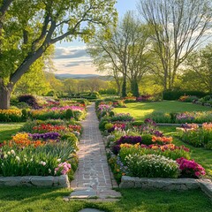 Spring garden with neatly arranged colorful flowers