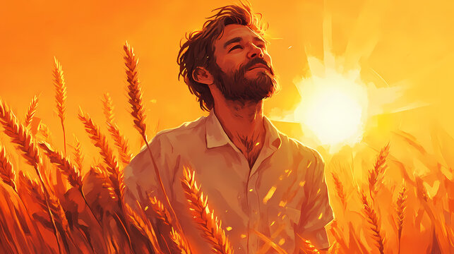 Sunset reverie: middle-aged farmer with brown hair and beard in a glowing orange sunset, amidst a wheat field, adorned with sunflares. Reverie. Illustration