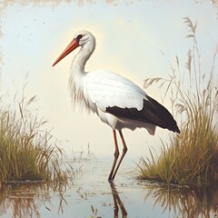 Stork wading in wetland with tall grasses and sunlight