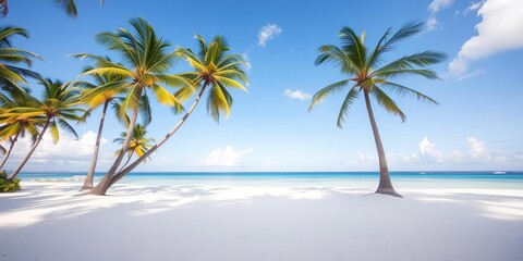 Fototapeta premium A serene paradise beach with pristine white sand and lush coco palms, perfect for a summer vacation getaway, ocean, holiday