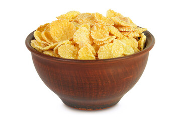 Cornflakes in ceramic bowl isolated on white background.