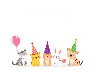 Fototapeta premium A set of adorable cartoon animals in party hats and balloons for birthday card design, celebration, hats