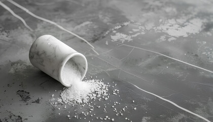 Overturned shaker with salt on grey table, closeup