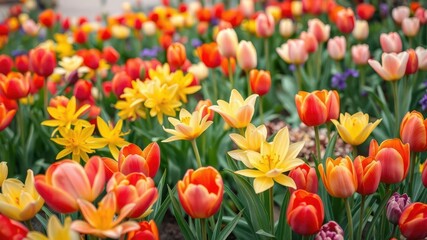 Obraz premium A beautiful display of Narcisses and Tulipes in a vibrant garden setting, outdoor, flora