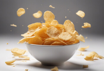 Potato chips flying with cheese powder in white bowl isolated on white background