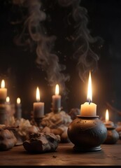 Muted tones of candlelight and incense smoke in dark setting, mystic, ambiance, dark, shadows