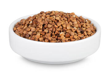 Raw buckwheat in ceramic bowl isolated on white background