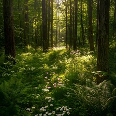 Forest filled with blooming plants and vibrant greenery
