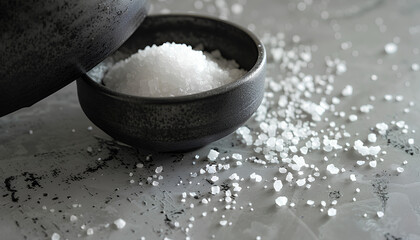 Overturned shaker with salt on grey table, closeup