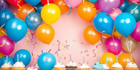 A vibrant and playful array of colorful balloons, confetti, and cupcakes arranged in a festive display, perfect for a cute happy birthday social media post feed or story, happy birthday, balloons