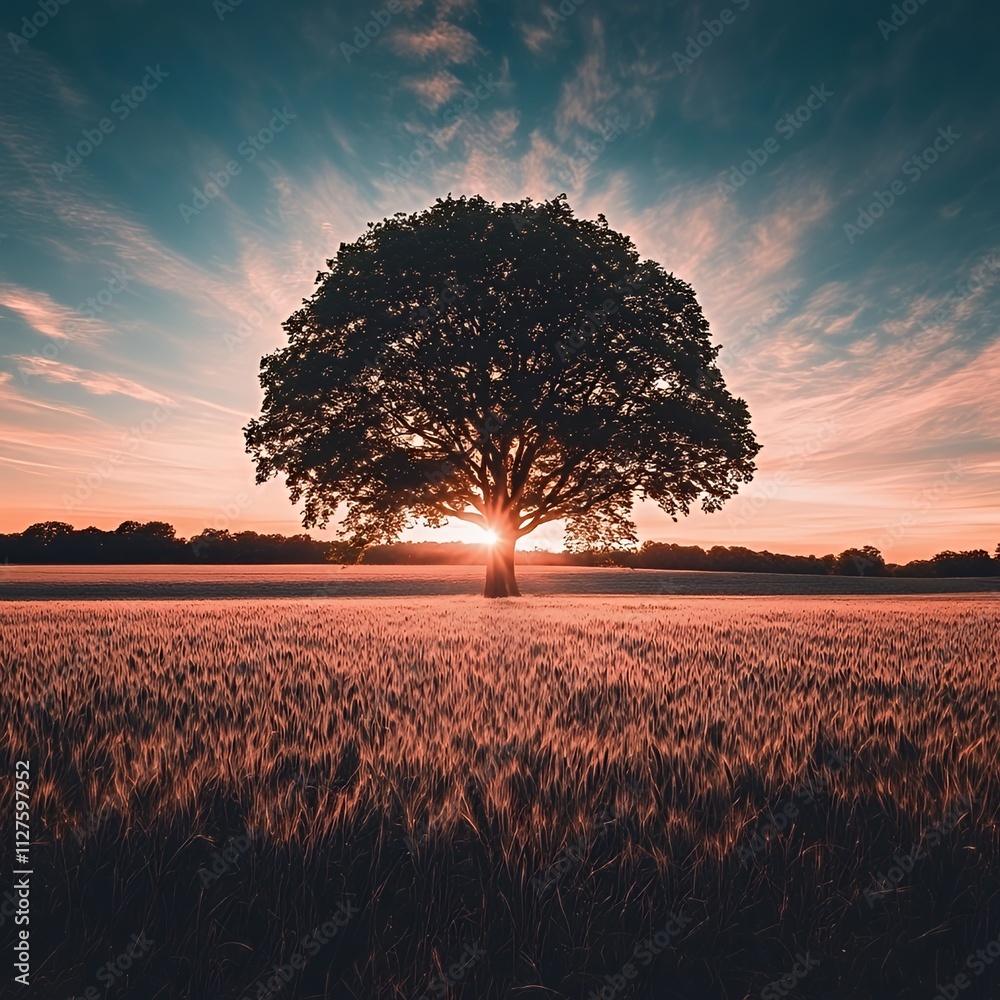 Sticker serene sunset with a tree in an open field